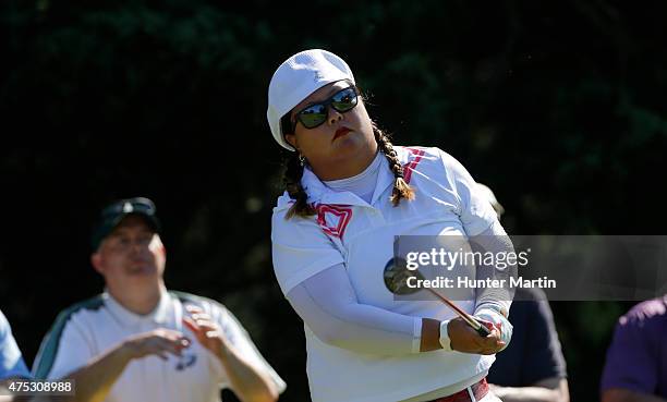 Christina Kim hits her tee shot on the eighth hole during the second round of the ShopRite LPGA Classic presented by Acer on the Bay Course at the...