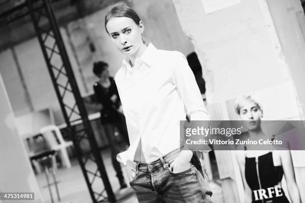 Designer Olga Sorokina poses backstage prior the IRFE by Olga Sorokina show as part of the Paris Fashion Week Womenswear Fall/Winter 2014-2015 at...
