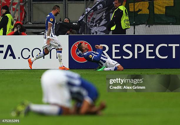 Nabil Ghilas of Porto celebrates his team's third goal with team mate Ricardo Quaresma during the UEFA Europa League Round of 32 second leg match...