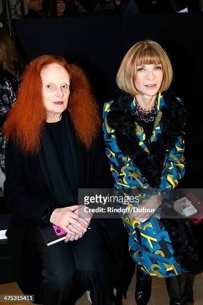 Grace Coddington and Anna Wintour attend the Lanvin show as part of the Paris Fashion Week Womenswear Fall/Winter 2014-2015 on February 27, 2014 in...