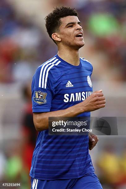 Dominic Solanke of Chelsea reels away after scoring against Thailand All-Stars during the international friendly match between Thailand All-Stars and...