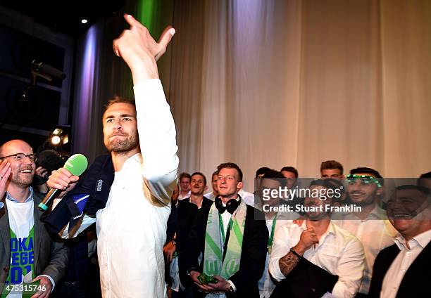 Bas Dost of Wolfsburg celebrates during the VfL Wolfsburg Champions party after winning the German DFB Cup Final at Spindler & Klatt on May 30, 2015...
