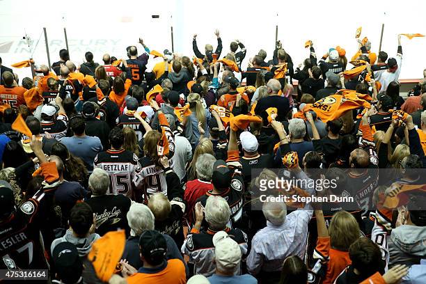Anaheim Ducks fans cheer in Game Seven of the Western Conference Finals during the 2015 NHL Stanley Cup Playoffs at the Honda Center on May 30, 2015...