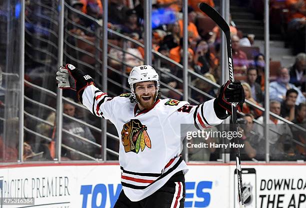 Brandon Saad of the Chicago Blackhawks celebrates his second period goal against the Anaheim Ducks in Game Seven of the Western Conference Finals...