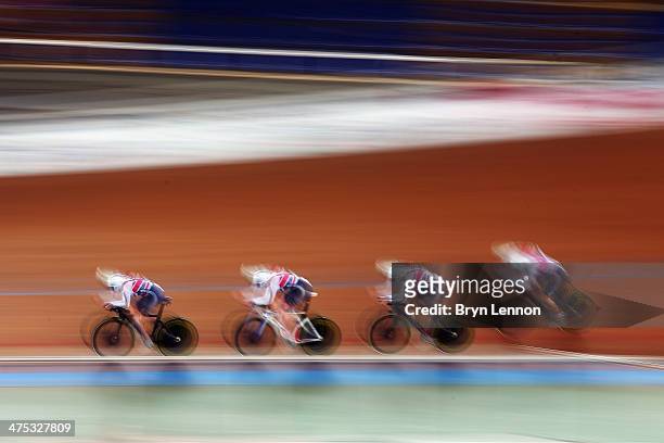 The Great Britain team in action during qualifying for the Women's Team Pursuit during day two of the 2014 UCI Track Cycling World Championships at...
