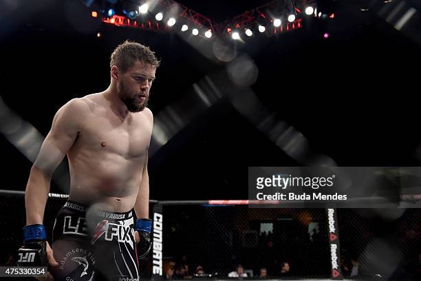Nicolas Dalby of Denmark looks on during his welterweight UFC bout against Elizeu Zaleski dos Santos of Brazil during the UFC Fight Night Condit v...