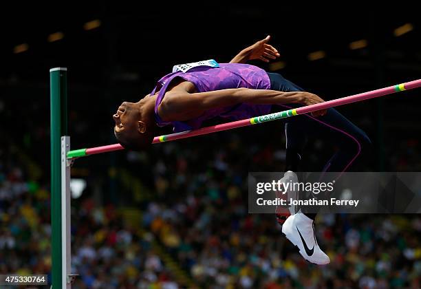 Mutaz Essa Barshim of Qatar competes in the high jump during day 2 of the IAAF Diamond League Prefontaine Classic at Hayward Field on May 30, 2015 in...