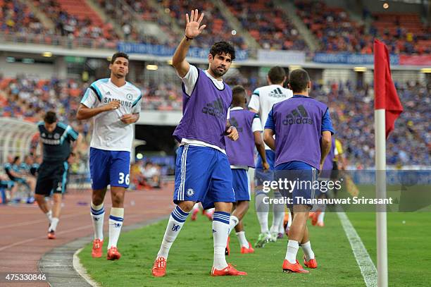 Diego Costa of Chelsea FC acknowledges the fan during the international friendly match between Thailand All-Stars and Chelsea FC at Rajamangala...