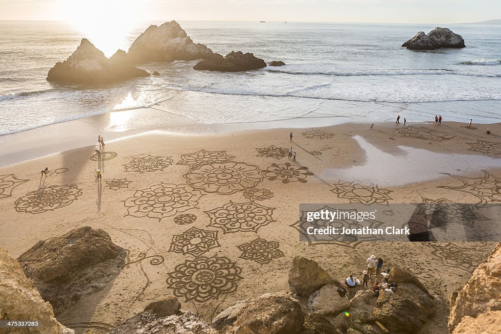 Drawings in the sand on the beach in San Francisco