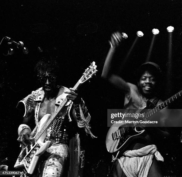 Bootsy Collins performs on stage with Bootsy's Rubber Band at Brixton Academy, London, November 1990. Bootsy Collins, Garry Shider, Michael Hampton.