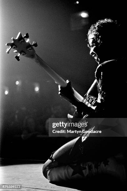 Bootsy Collins performs on stage with Bootsy's Rubber Band at Brixton Academy, London, November 1990.