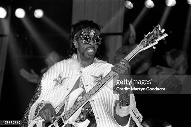 Bootsy Collins performs on stage with Bootsy's Rubber Band at Brixton Academy, London, November 1990.