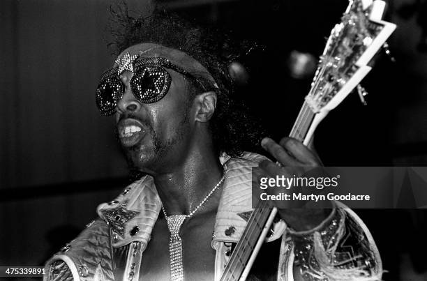 Bootsy Collins performs on stage with Bootsy's Rubber Band at Brixton Academy, London, November 1990.