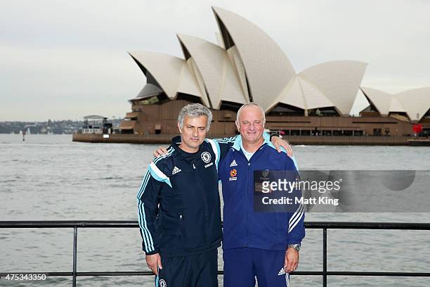 Chelsea FC Manager Jose Mourinho and Sydney FC head coach Graham Arnold pose during a photo opportunity after a press conference at the Park Hyatt...