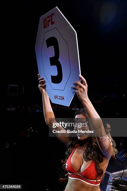 Octagon girl Luciana Andrade introduces a round during the UFC Fight Night Condit v Alves at Arena Goiania on May 30, 2015 in Goiania.