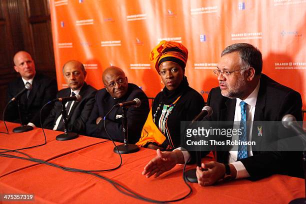 Tod Arbogast, Anant Singh, Desmond Tutu, Mpho Andrea Tutu, and Ebrahim Rasool appear on a panel at Shared Interest's 20th Anniversary Awards Gala at...