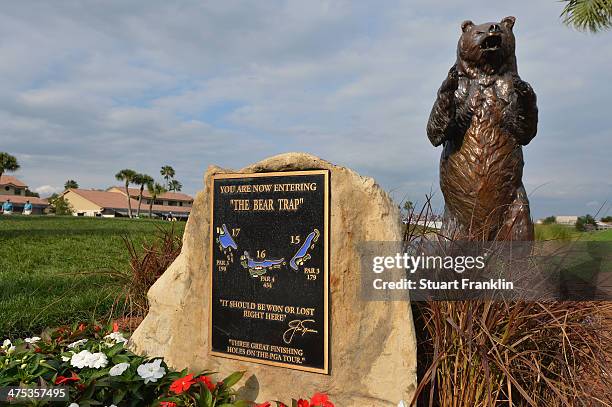 Sign displays the Bear Trap during the first round of The Honda Classic at PGA National Resort and Spa on February 27, 2014 in Palm Beach Gardens,...