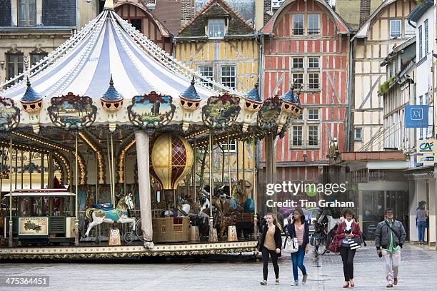 Traditional medieval timber-frame architecture in central square at Troyes in the Champagne-Ardenne region of France