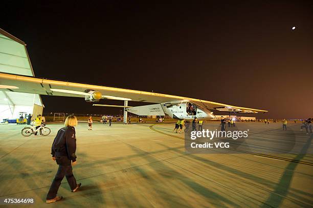 The Swiss-made solar-powered plane Solar Impulse 2 preapres to take off from Nanjing Lukou International Airport on May 31, 2015 in Nanjing, China....