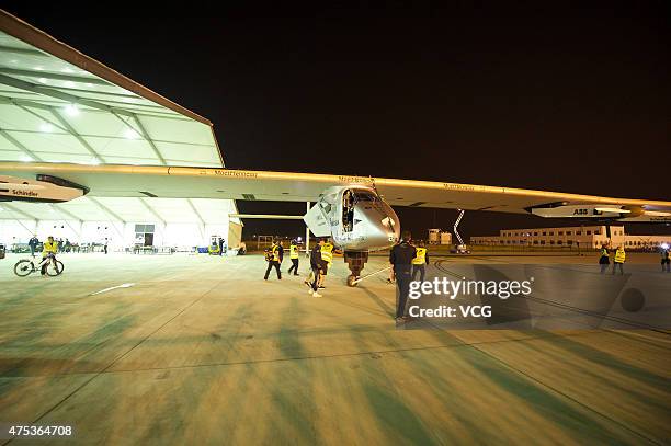 The Swiss-made solar-powered plane Solar Impulse 2 preapres to take off from Nanjing Lukou International Airport on May 31, 2015 in Nanjing, China....