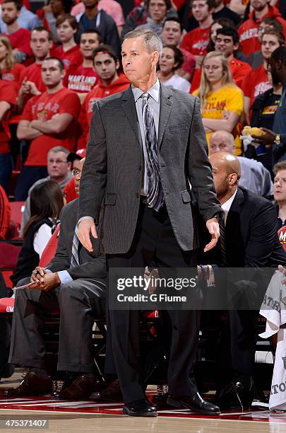 Head coach Jeff Bzdelik of the Wake Forest Demon Deacons watches the game against the Maryland Terrapins at the Comcast Center on February 18, 2014...