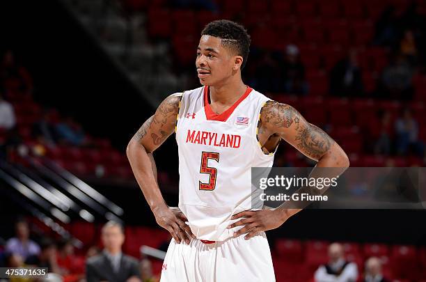 Nick Faust of the Maryland Terrapins rests during a break in the game against the Wake Forest Demon Deacons at the Comcast Center on February 18,...