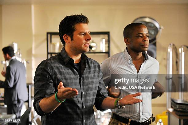 Touch Of Sweevil" Episode 808 -- Pictured: James Roday as Shawn Spencer, Dule Hill as Gus Guster --