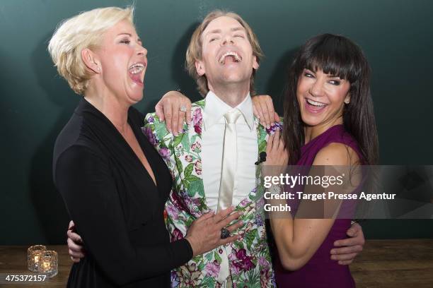 Claudia Effenberg, Jens Hilbert and Mariella ahrens attend the book presentation of Jens Hilbert at Soho House on February 27, 2014 in Berlin,...