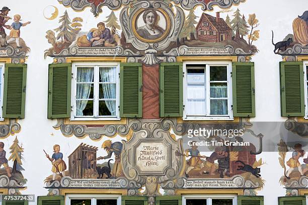 Painted facade of Grimms Fairy Tale story of Hansel and Gretel in the village of Oberammergau in Bavaria, Germany