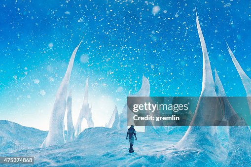 Frozen landscape with icy artefacts on distant planet Frozen landscape with icy artefacts on distant planet