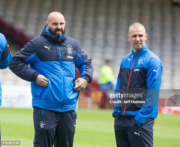 Kris Boyd and Kenny Miller Rangers strikers arrive at the Scottish Premiership Play Off between Motherwell and Rangers at Fir Park on May 31, 2015 in...