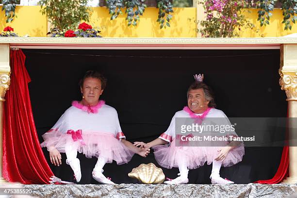 The singers Andy Borg ,R, and Stefan Mross perform in during the season kick off of the tv show 'Immer wieder Sonntags' at Europapark on May 31, 2015...
