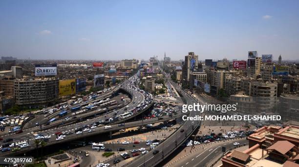 Picture taken from the building of the National Democratic Party shows shows the October bridge and Ramses Street on May 31 in the Egyptian capital,...