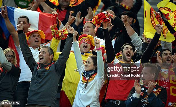 Catalans Dragons fans react during the Super League match between Catalans Dragons and Huddersfield Giants at St James' Park on May 31, 2015 in...