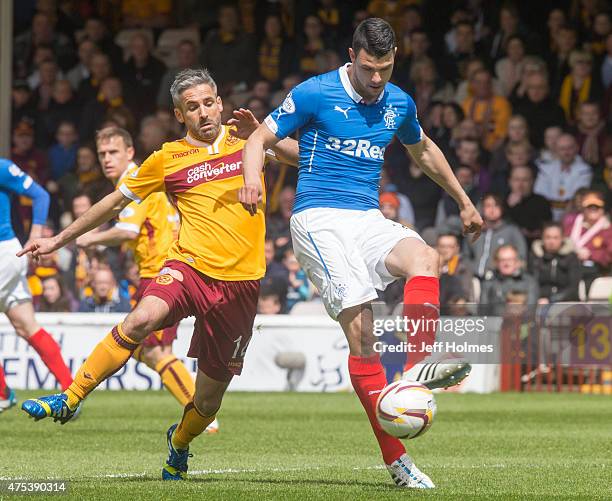 Haris Vuckic of Rangers competes with Keith Lasley of Motherwell during the Scottish Premiership play-off final 2nd leg between Motherwell and...