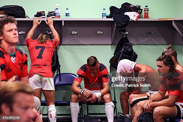 Arkansas State players reacts in the locker room after losing to Arizona in the Cup Quarter Finals during Day 2 of the Penn Mutual Collegiate Rugby...