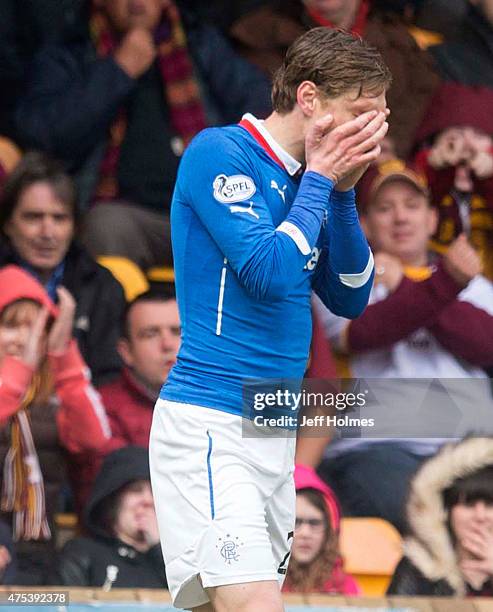 Marius Zaliukas of Rangers reacts after missing a chance during the Scottish Premiership play-off final 2nd leg between Motherwell and Rangers at Fir...