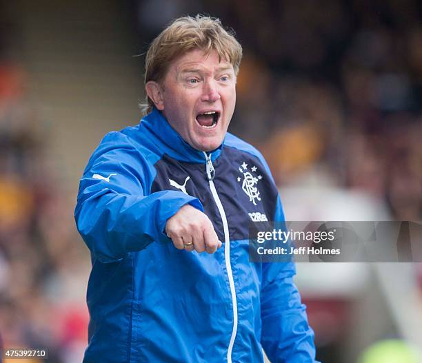 Ranger's Manager Stuart McCall shouts during the Scottish Premiership play-off final 2nd leg between Motherwell and Rangers at Fir Park on May 31,...