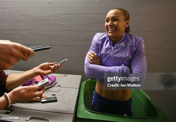 Jessica Ennis Hill of Great Britain speaks to the press after day two of the women's heptathlon during the Hypomeeting Gotzis 2015 at the Mosle...