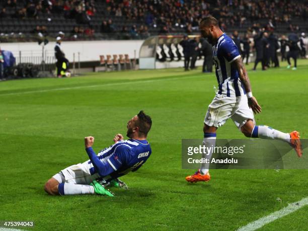 Nabil Ghilas of FC Porto celebrates scoring a goal during the UEFA Europa League round of 32 second leg football match between Eintracht Frankfurt...