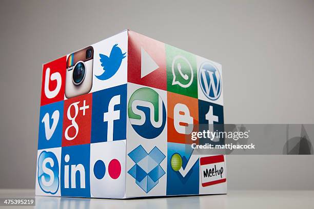 social media and technology cube - google social networking service stock pictures, royalty-free photos & images