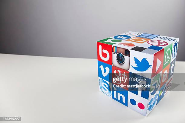 social media and technology cube - google social networking service stock pictures, royalty-free photos & images