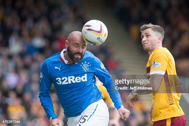 Kris Boyd of Rangers heads clear of Josh Law of Motherwell during the Scottish Premiership play-off final 2nd leg between Motherwell and Rangers at...