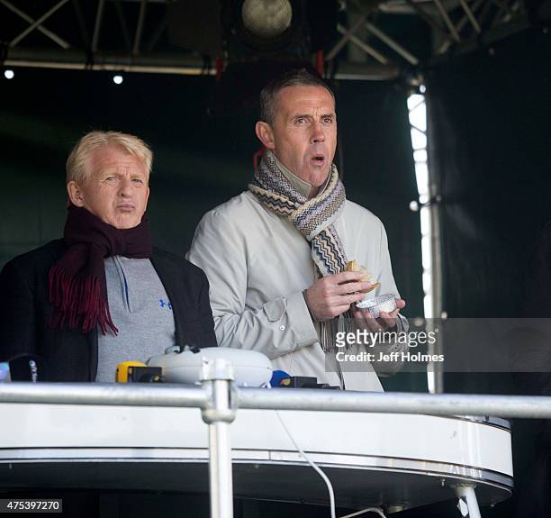 Scotland Manager Gordon Strachan and David Weir look on during the Scottish Premiership play-off final 2nd leg between Motherwell and Rangers at Fir...