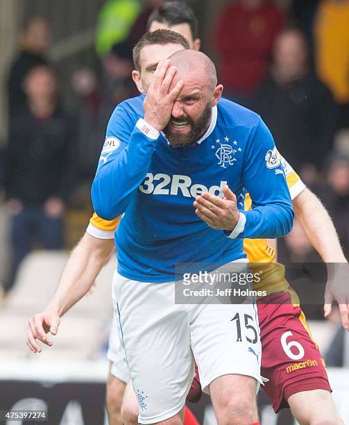 Kris Boyd of Rangers reacts during the Scottish Premiership play-off final 2nd leg between Motherwell and Rangers at Fir Park on May 31, 2015 in...