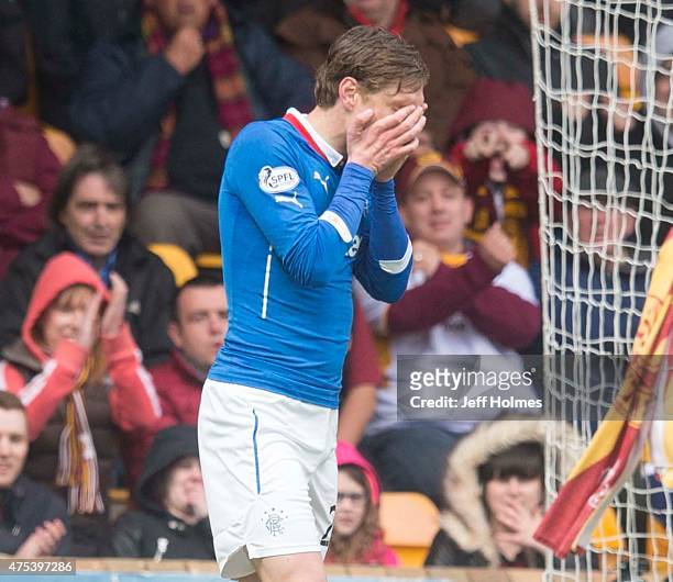 Marius Zaliukas of Rangers reacts after missing an open chance during the Scottish Premiership play-off final 2nd leg between Motherwell and Rangers...