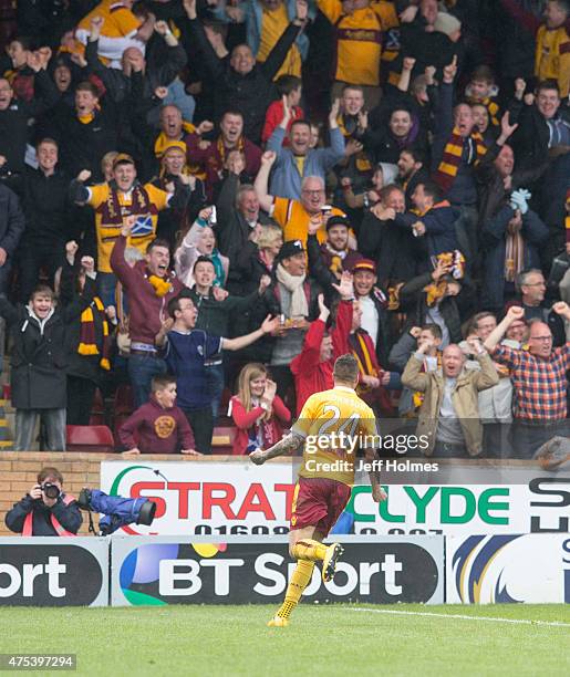 Marvin Johnson of Motherwell celebrates a goal during the Scottish Premiership play-off final 2nd leg between Motherwell and Rangers at Fir Park on...