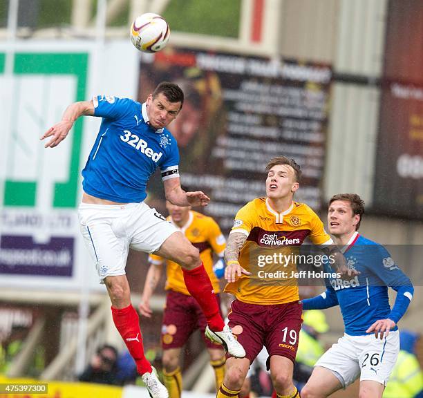 Lee McCulloch of Rangers clears the ball during the Scottish Premiership play-off final 2nd leg between Motherwell and Rangers at Fir Park on May 31,...