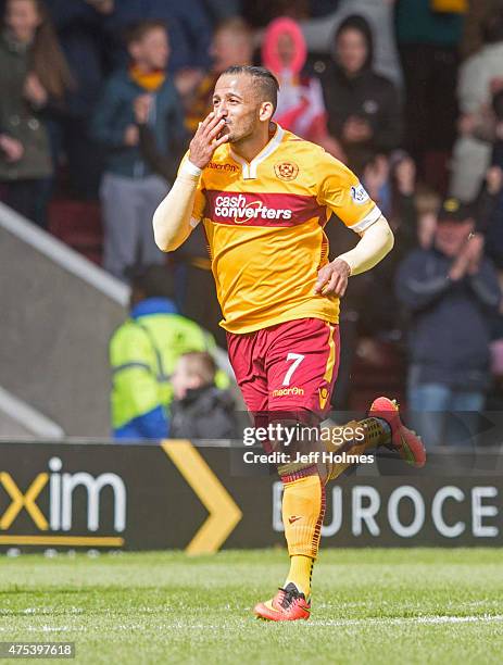 Lionel Ainsworth of Motherwell celebrates his goal making it 2:0 during the Scottish Premiership play-off final 2nd leg between Motherwell and...