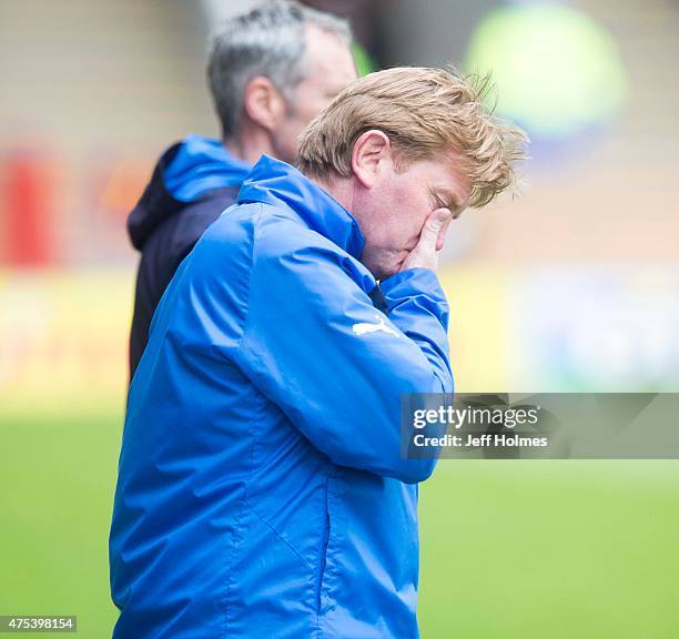 Stuart McCall looks dejected during the Scottish Premiership Play Off between Motherwell and Rangers at Fir Park on May 31, 2015 in Motherwell,...